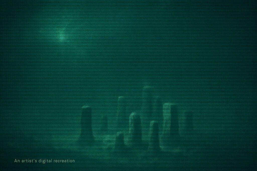 A sonar image revealing the geometric lines of the underwater stone structure in Lake Michigan.