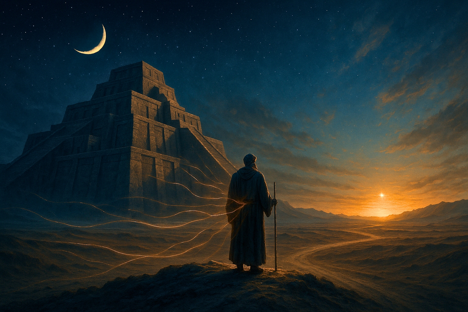 An artist's depiction of Abraham at a crossroads, leaving a Sumerian ziggurat behind while journeying into a vast desert at dawn, symbolizing a spiritual transition.