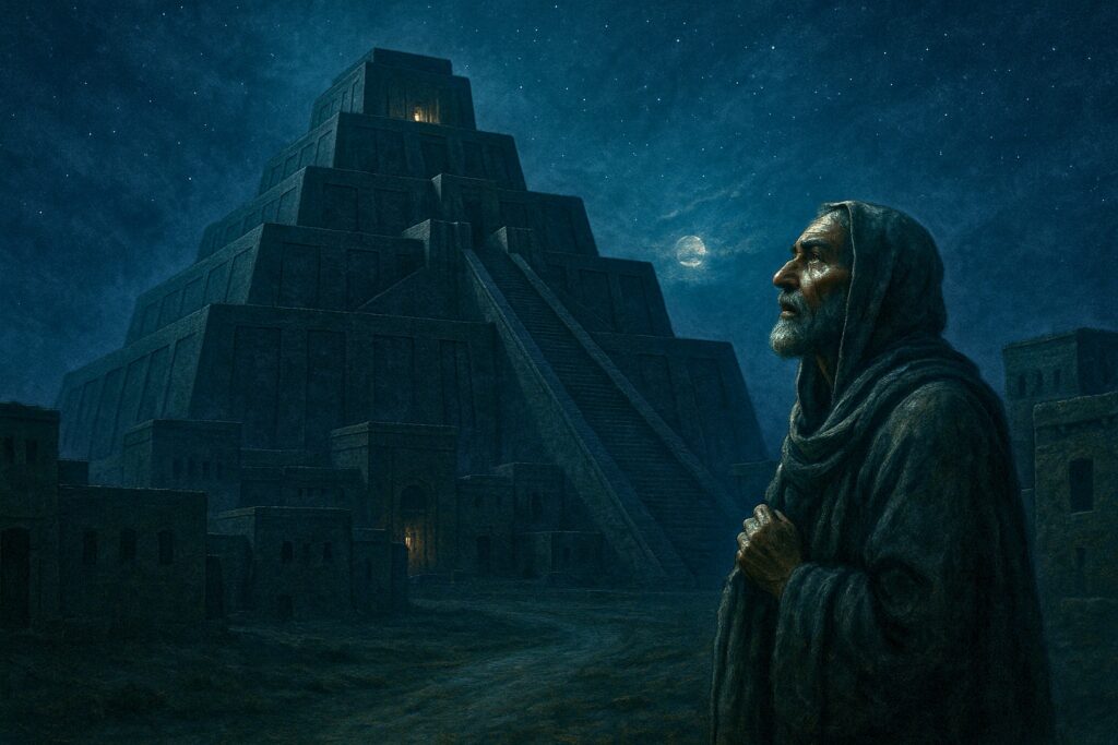 An artist's depiction of Abraham standing before the great Ziggurat of Ur in ancient Sumer.