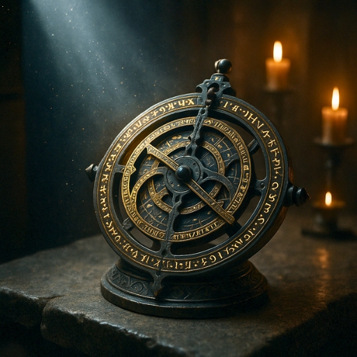 A mysterious ancient artifact, a glowing celestial map, sitting on a stone table, representing ancient mysteries.