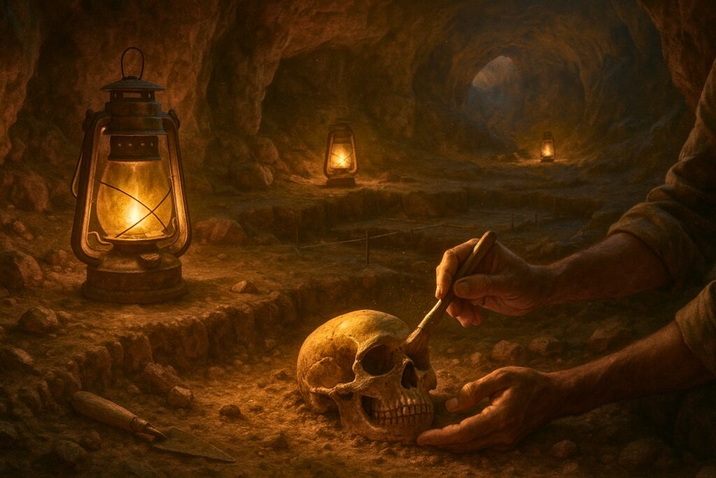 The fossil skull of an early Homo sapiens being excavated at the Jebel Irhoud site in Morocco.