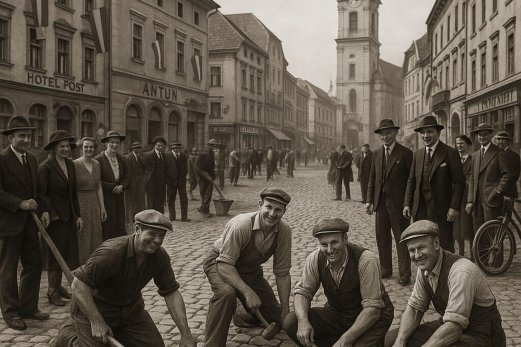 A depiction of the "Miracle of Wörgl," with workers busy rebuilding the town in the 1930s.