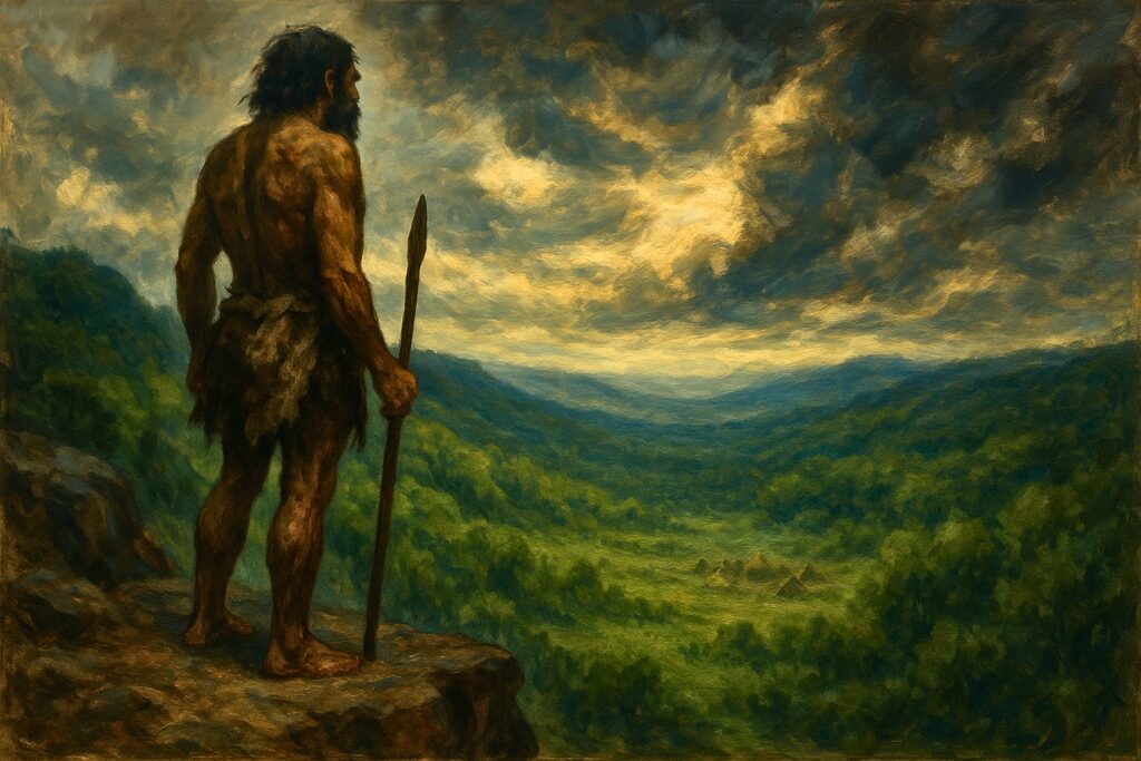 An early human overlooks a lush valley, hinting at the possibility of a lost civilization.