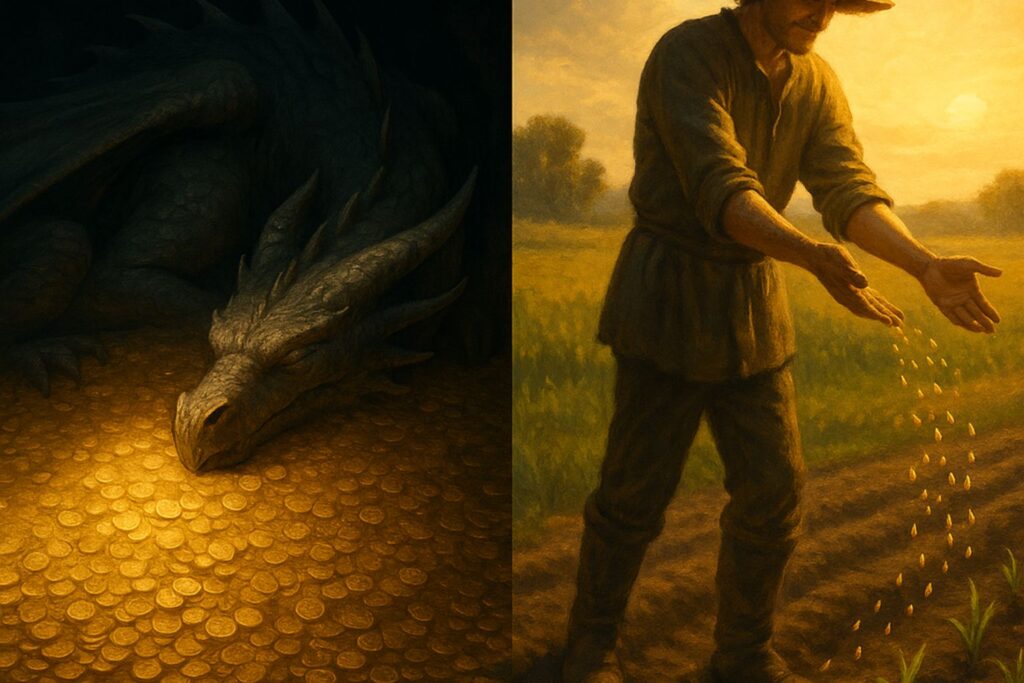 A symbolic split-screen image showing a dragon hoarding gold versus a farmer planting golden seeds, representing two different views on wealth.