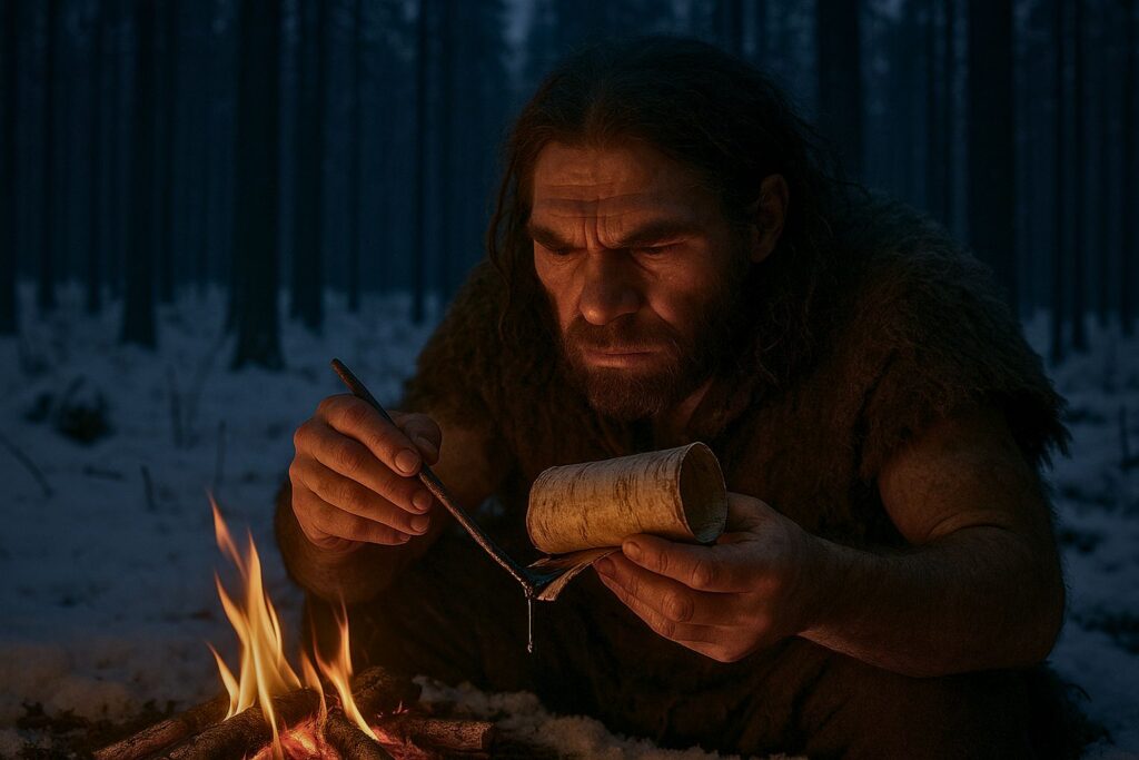 A realistic depiction of an ancient human creating birch bark tar by a fire.