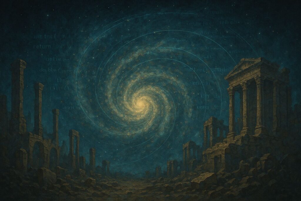 An abstract image of a spiral galaxy mixed with ancient ruins, symbolizing the cyclical history of science.