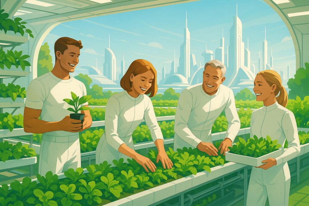 An illustration of a utopian post-scarcity economy, with people happily working together in a high-tech agricultural setting.