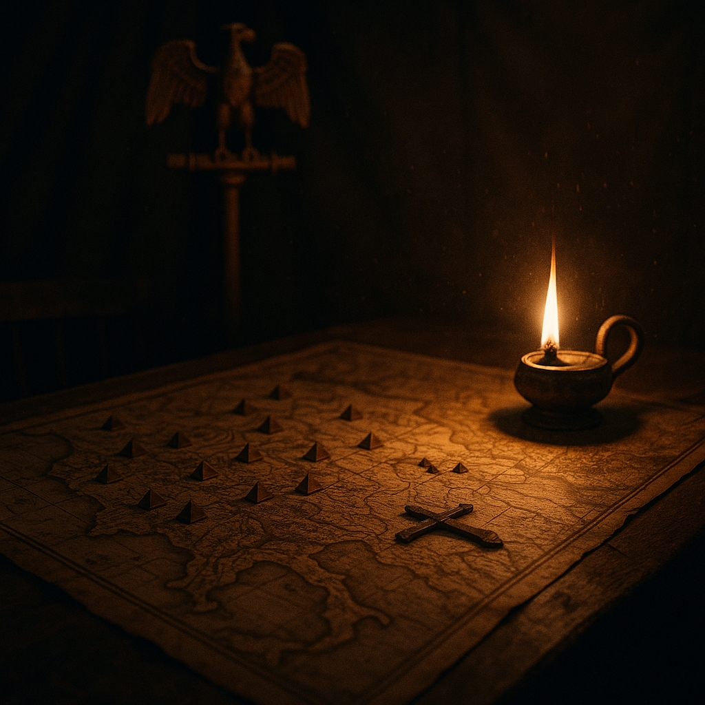 A cinematic depiction of a Roman general's campaign map on a wooden table inside a tent, lit only by the dramatic glow of a single oil lamp.