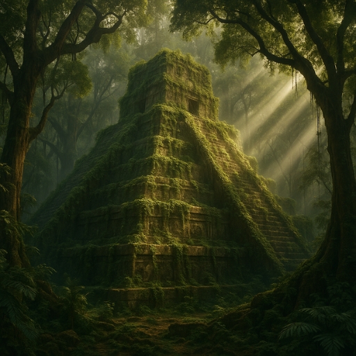 Digital art of an ancient jungle pyramid representing lost civilizations, with stone ruins overgrown by nature.