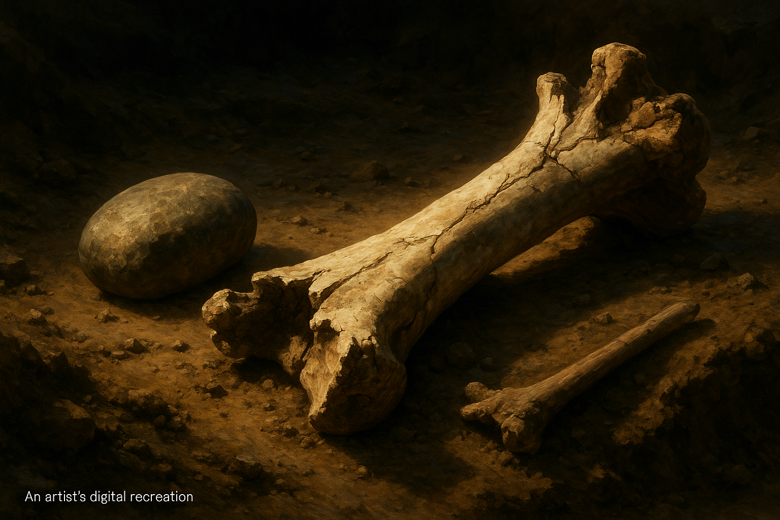 The fractured bones of the Cerutti Mastodon alongside the hammerstones used to break them 130,000 years ago.