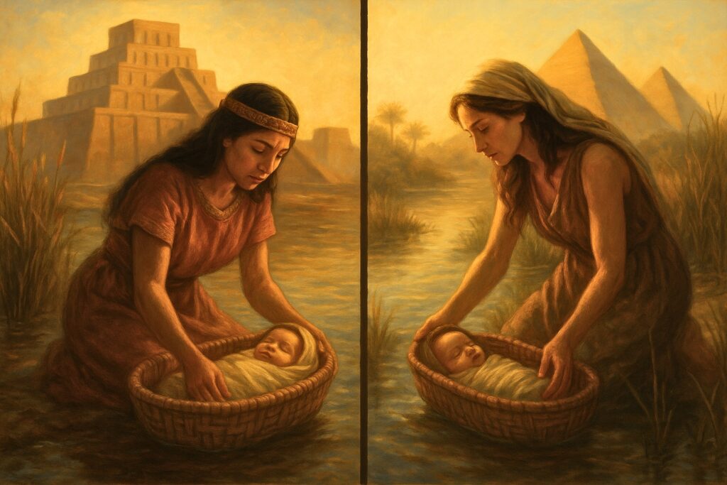 A comparative image showing the similar stories of Sargon of Akkad and Moses being placed in baskets as infants.