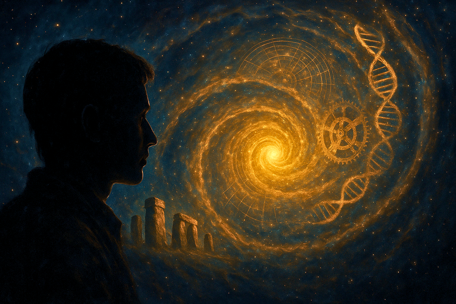 An illustration of a person's silhouette gazing at a cosmic spiral showing the cyclical history of lost ancient knowledge and science.