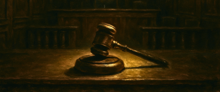 A moody, dramatic painting of a judge's gavel resting in an empty courtroom, symbolizing the trial of human nature.