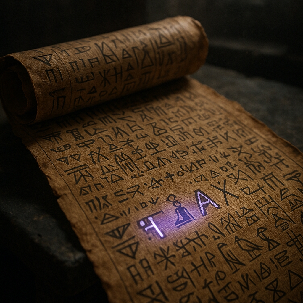 A mysterious ancient scroll with overlapping languages, where a single line of text glows with a mystical purple light, suggesting a hidden connection.