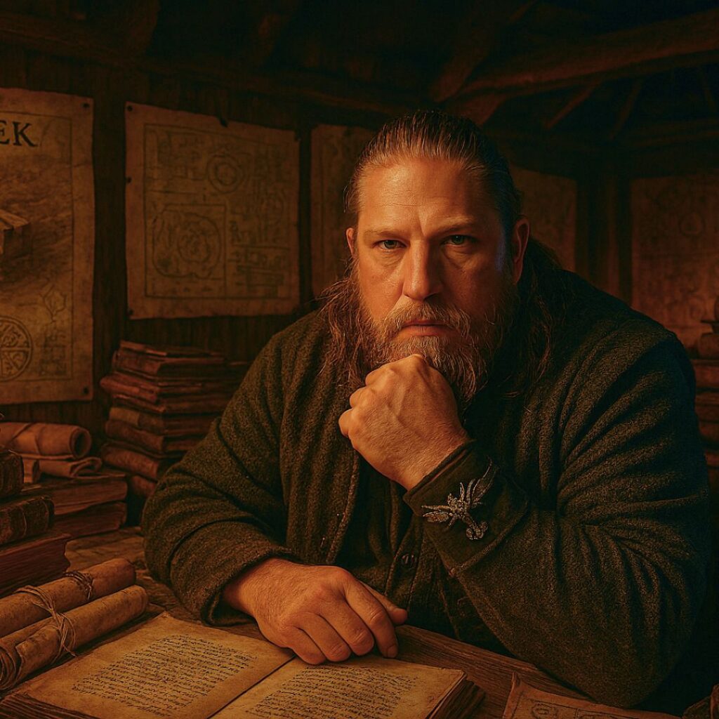 A stylized author portrait of Jared Lemky, depicted as a Viking scholar in his dimly lit study, surrounded by ancient maps and artifacts, reflecting his focus on historical mysteries.