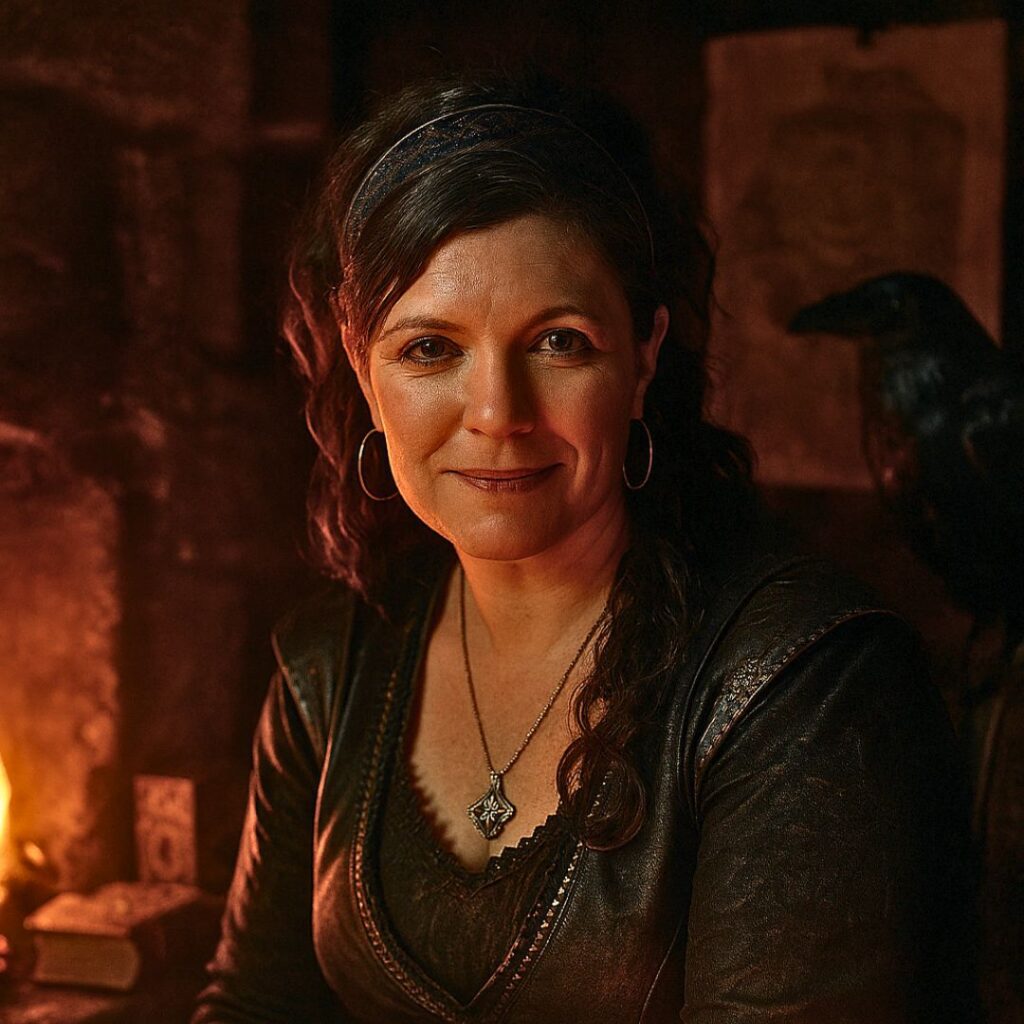 A stylized author portrait of Danielle Lemky, depicted as a wise Valkyrie