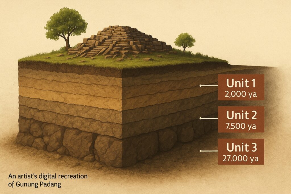 Infographic showing a cross-section of the Gunung Padang pyramid, illustrating the three distinct construction layers and their carbon-dated ages, with the deepest layer dating back to 27,000 years.