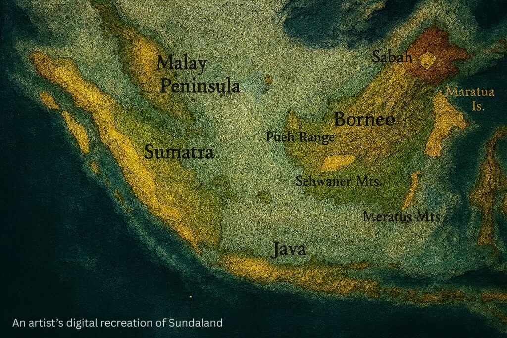 A comparative map showing the ancient landmass of Sundaland during the last Ice Age, revealing the lost continent that connected modern-day Indonesian islands.