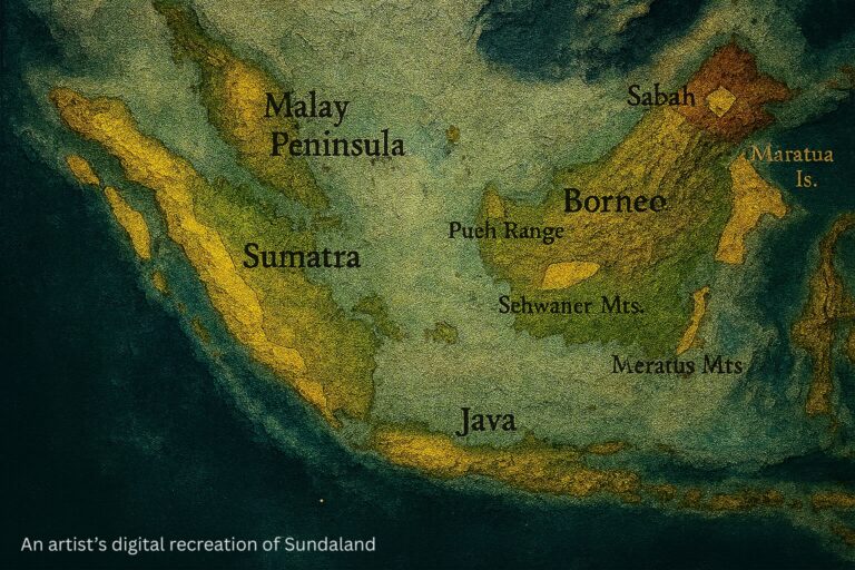 A comparative map showing the ancient landmass of Sundaland during the last Ice Age, revealing the lost continent that connected modern-day Indonesian islands.