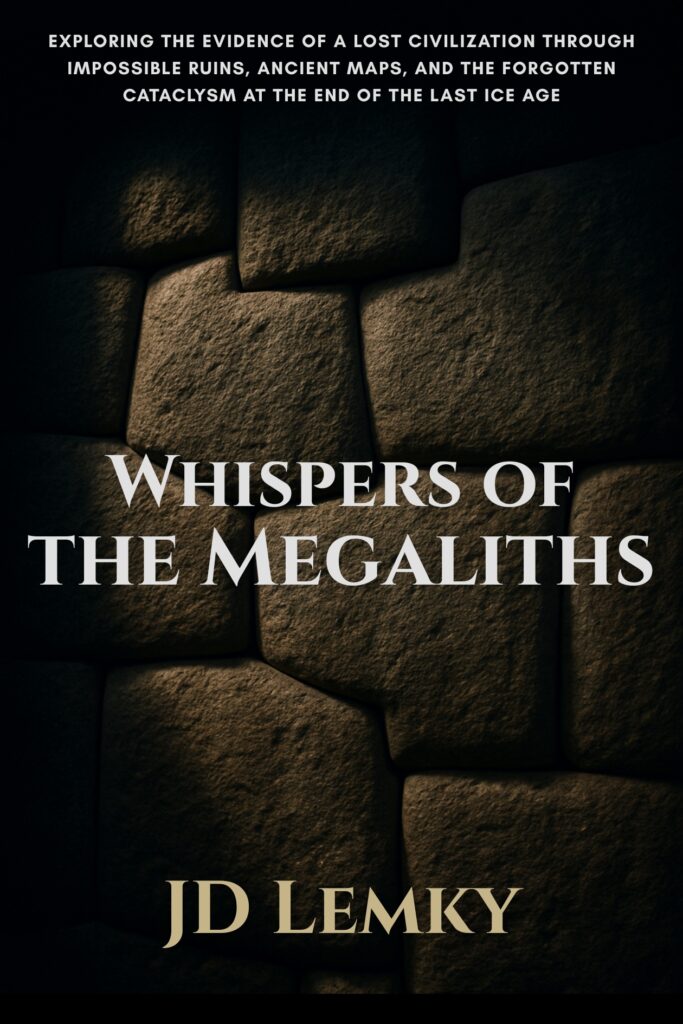 Book cover for "Whispers of the Megaliths" by JD Lemky. The cover features a dramatic, close-up photograph of a perfectly constructed ancient megalithic stone wall, with the title in a large, elegant serif font overlaid in the center.