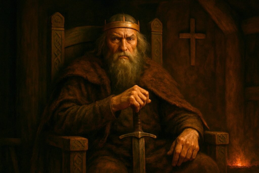 King Harald Hardrada of Norway on his throne, embodying the conflict between his Christian rule and his Viking heritage