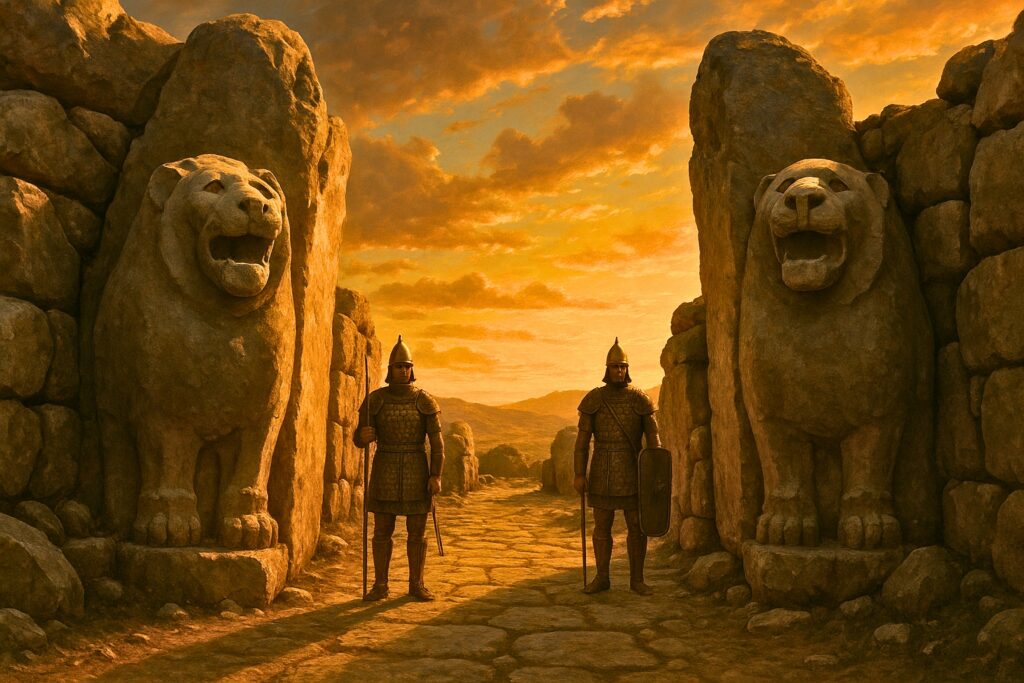 The ancient Lion Gate of Hattusa, capital of the Hittite Empire, at sunset.