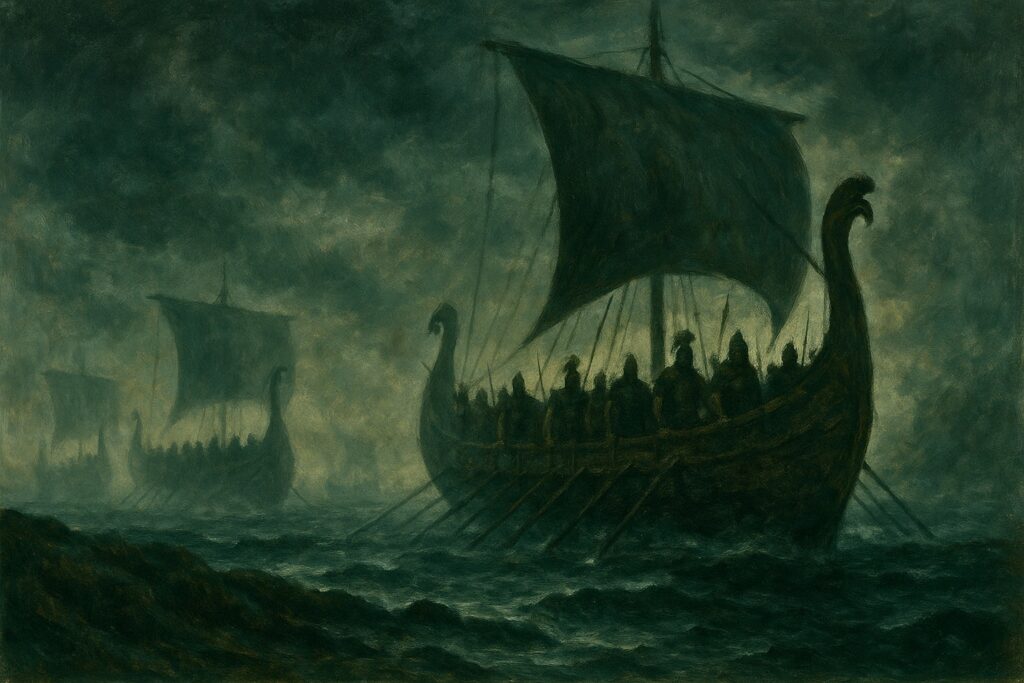 A fleet of ships belonging to the enigmatic Sea Peoples during the Bronze Age Collapse.