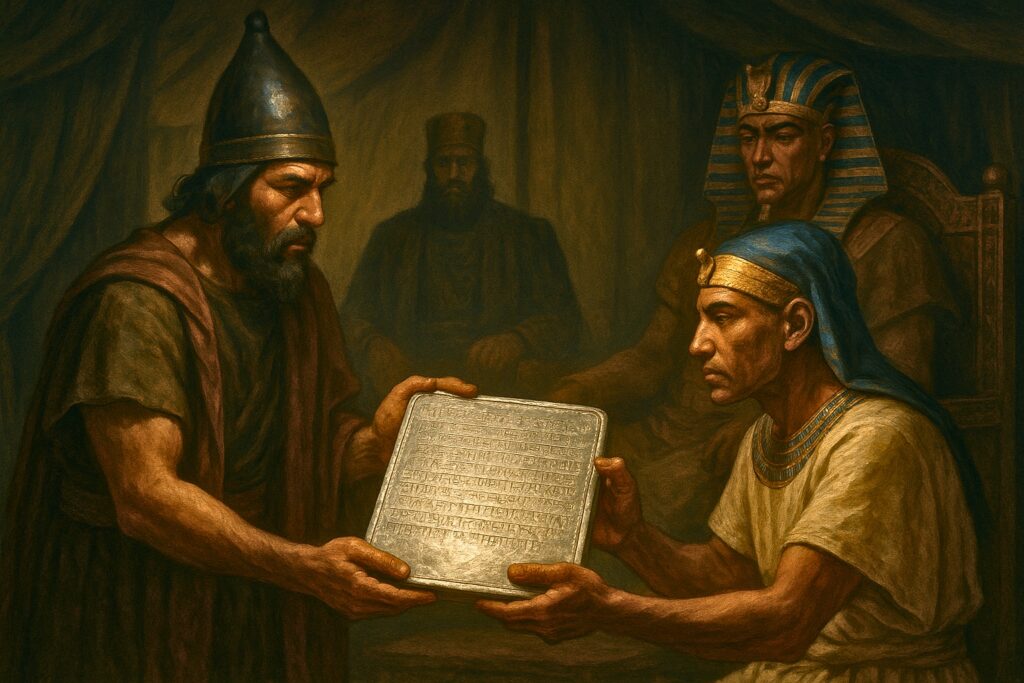 An artist's conception of the signing of the Treaty of Kadesh between the Hittites and Egyptians.