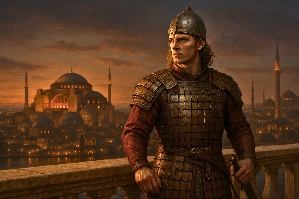 An artist's depiction of a young Harald Hardrada in Constantinople as a commander in the Varangian Guard.