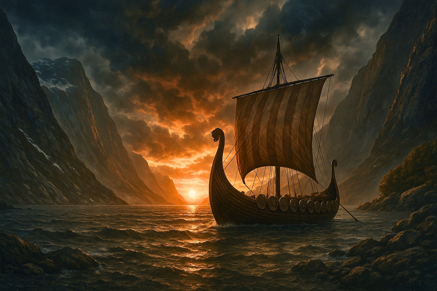 A Viking longship sails through a majestic fjord at sunset, with dramatic, stormy clouds overhead and golden light reflecting on the water.