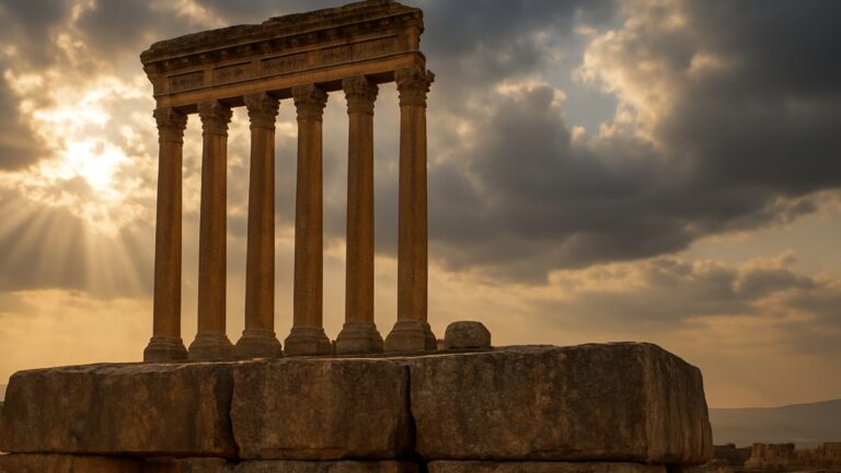 The towering Roman columns of the Temple of Jupiter at Baalbek, Lebanon, silhouetted against the setting sun.