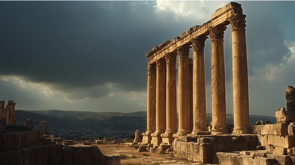 The towering Roman columns of the Temple of Jupiter at Baalbek, Lebanon, silhouetted against the setting sun.