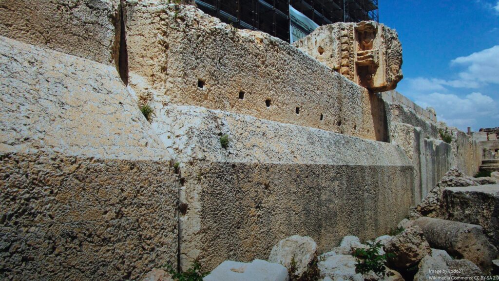 The three enormous megalithic stones of the Baalbek Trilithon, forming the foundation of the Temple of Jupiter.