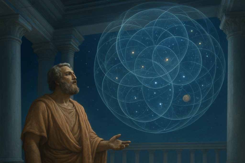 A visualization of the ancient Greek geocentric model, showing the Earth enclosed by perfect crystalline celestial spheres.