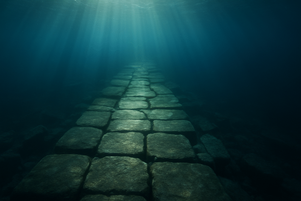 The mysterious Bimini Road, one of many potential lost underwater cities that challenge our understanding of ancient history.