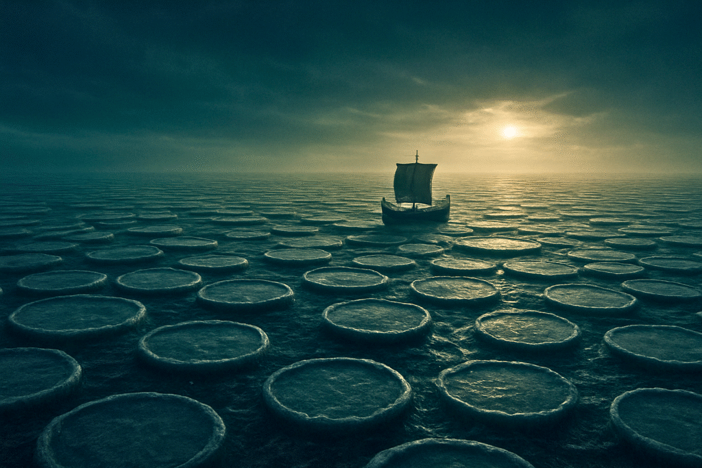 The ancient Greek ship of the explorer Pytheas confronts the mysterious "sea lung" of pancake ice under the midnight sun of Ultima Thule.