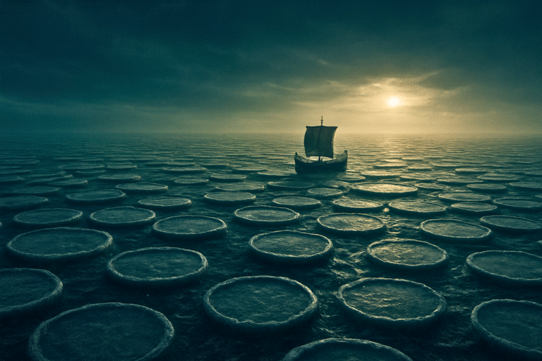 The ancient Greek ship of the explorer Pytheas confronts the mysterious "sea lung" of pancake ice under the midnight sun of Ultima Thule.