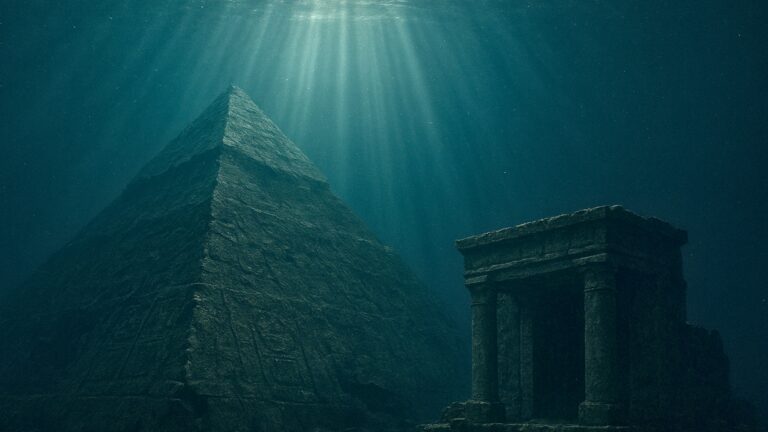 The top of a massive, ancient pyramid submerged in the deep ocean, representing the search for lost underwater cities from a forgotten civilization.