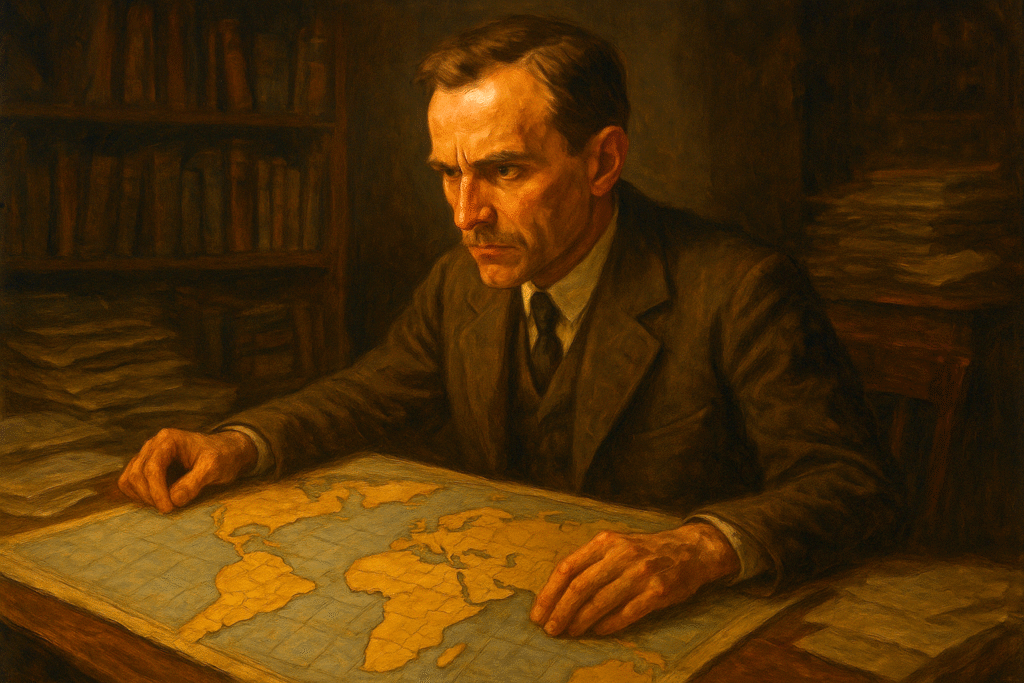 Alfred Wegener in his study, contemplating his revolutionary but dismissed theory of continental drift with his puzzle-like map.