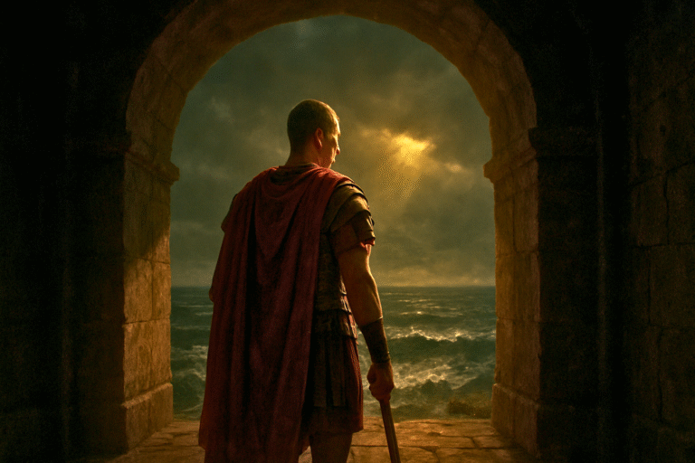 Scipio Africanus looking out at a stormy sea, a visual representation of stoic leadership and sacrifice.