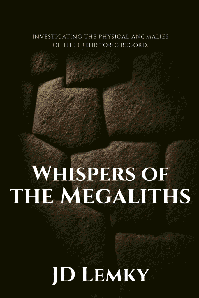 Book cover for popular nonfiction book "Whispers of the Megaliths" by JD Lemky. The cover features a dramatic, close-up photograph of a perfectly constructed ancient megalithic stone wall, with the title in a large, elegant serif font overlaid in the center.